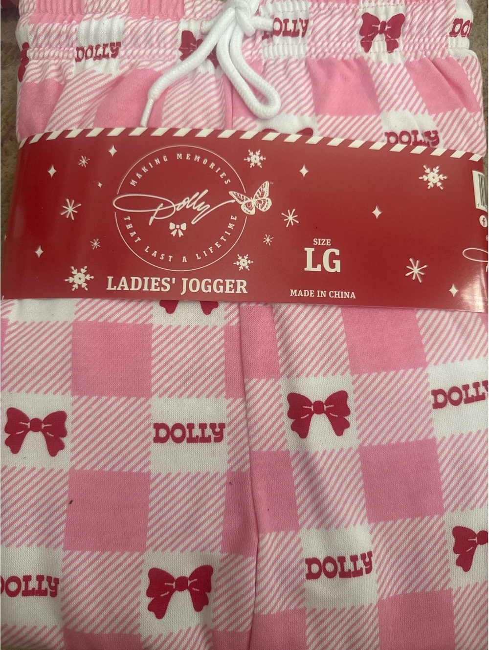 Ladies' Pink and White Checkered Dolly Jogger Pants with Bow Print, Size Large